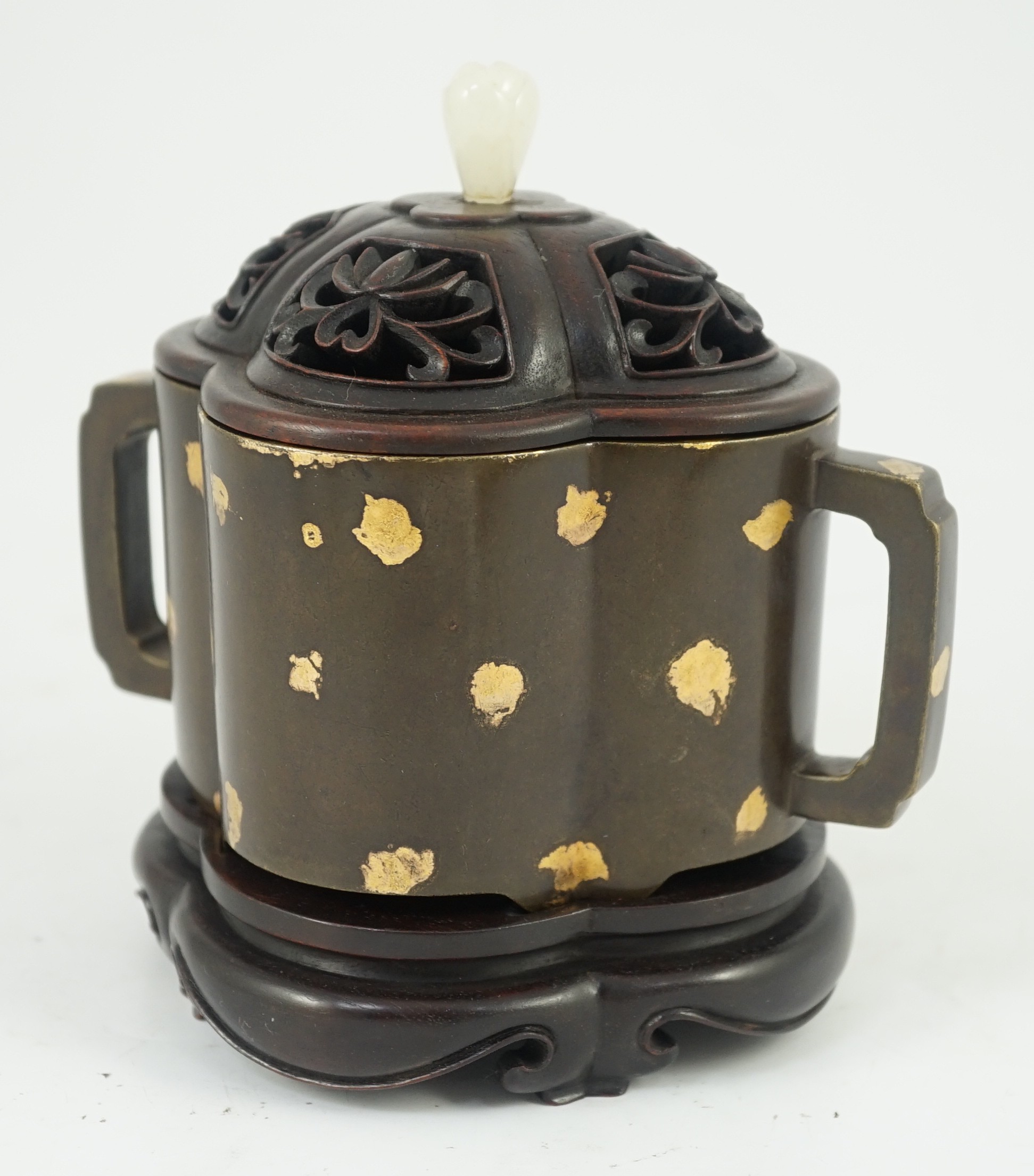 A Chinese gold splashed bronze quatrelobed censer, 17cm wide